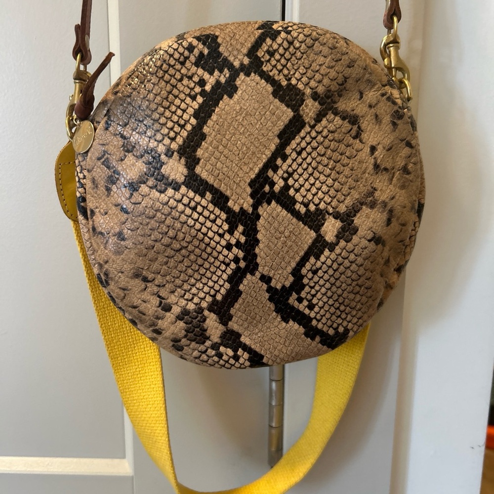 Clare V Round Snake-Print Crossbody with Yellow Strap Alistair